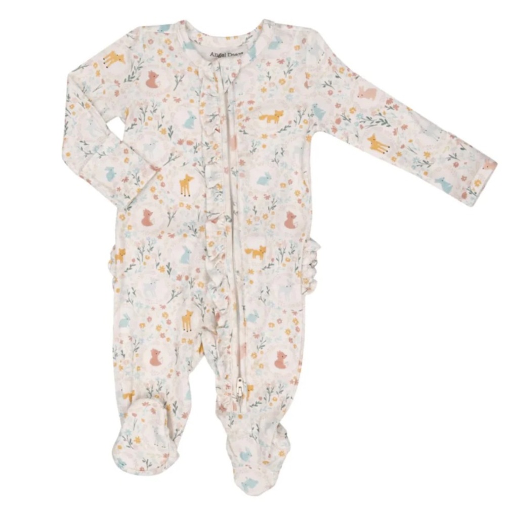Angel Dear Bamboo 2 Way Ruffle Zipper Footie - Woodland Cameos - NB